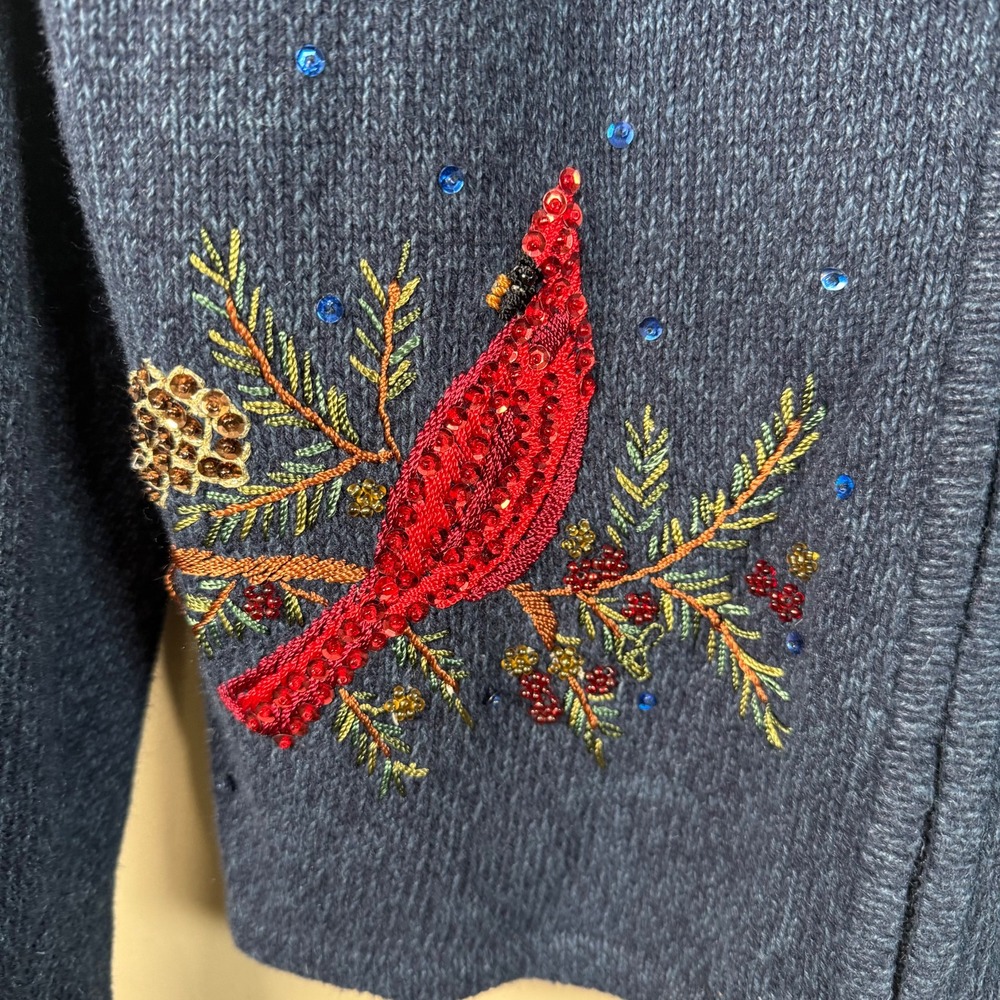 Heirloom Collectibles Embroidered Sequin Cardinal Full Zip Cardigan Sweater L - Picture 6 of 9